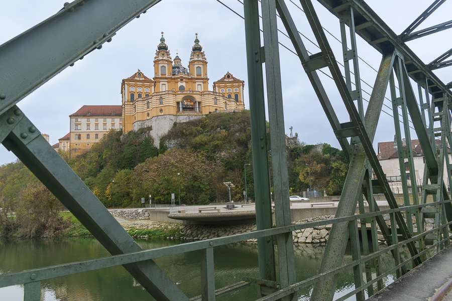View of Melk Abbey from St. Leopold Bridge, part of Wachau Valley day trip